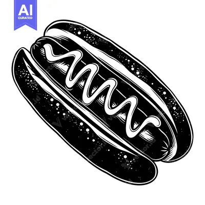 Black and White Illustration of a Hot Dog with Mustard