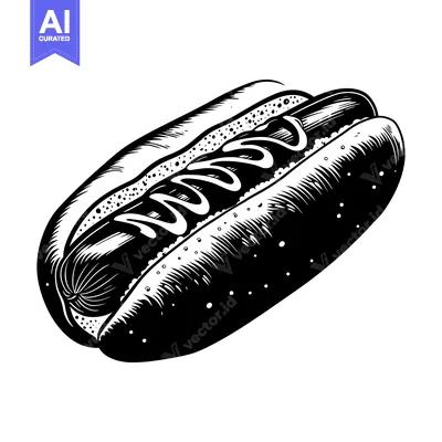 Aset desain premium: Black and White Illustration of a Hot Dog with Mustard