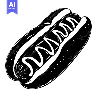 Aset desain premium: A black and white silhouette of a hot dog with mustard in a bun.
