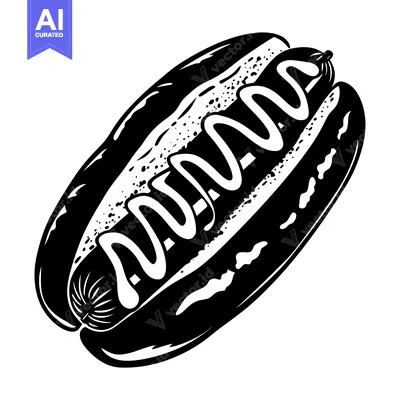 Black and White Illustration of a Hot Dog with Mustard