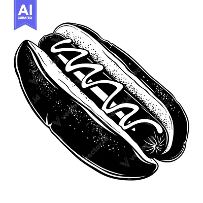 Aset desain premium: A black and white illustration of a hotdog with mustard