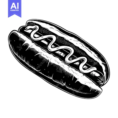 Aset desain premium: Black and White Illustration of a Hot Dog with Mustard