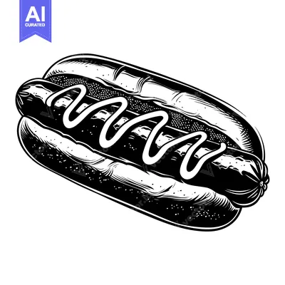 A Black and White Illustration of a Hot Dog with Mustard