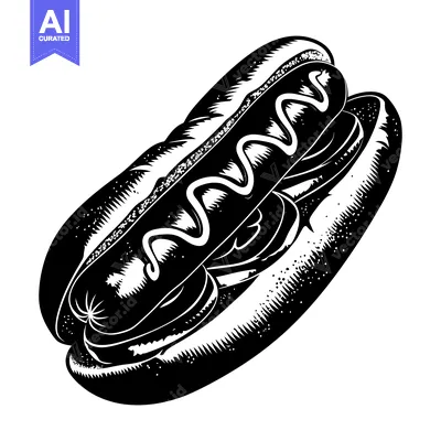 Aset premium populer: Black and white illustration of a hot dog with mustard and a bun
