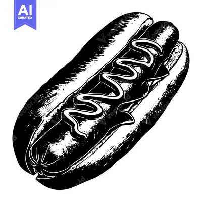 Aset premium populer: A Black and White Illustration of a Hot Dog with Mustard