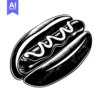 Black and White Illustration of a Hot Dog with Mustard