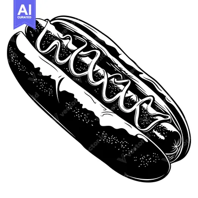 Premium design asset: Black and White Illustration of a Hot Dog with Mustard