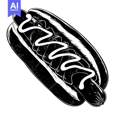 Black and White Illustration of a Hot Dog with Mustard