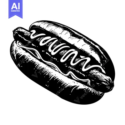 Black and White Illustration of a Hot Dog with Mustard