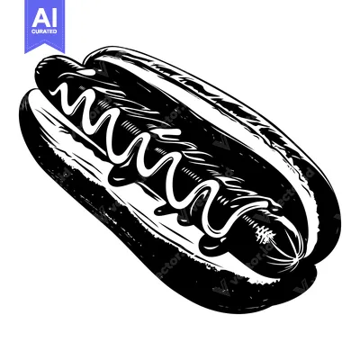 Aset premium populer: Black and white illustration of a hot dog with mustard