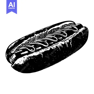 Premium design asset: Black and White Illustration of a Hot Dog with Mustard