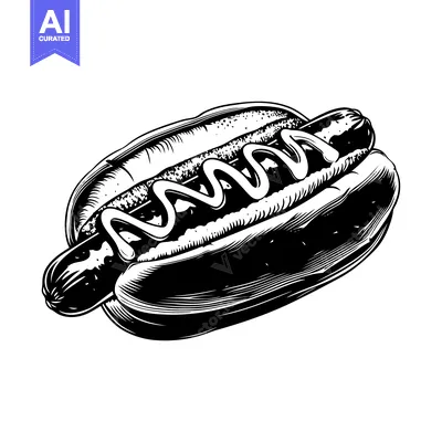 Premium design asset: A Black and White Illustration of a Hot Dog in a Bun with Mustard