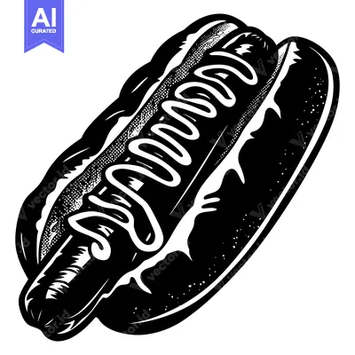 Aset premium populer: Black and white illustration of a hot dog in a bun with mustard