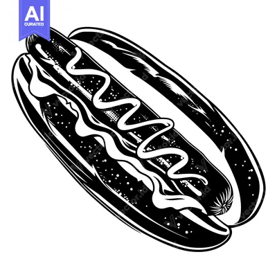 Black and White Illustration of a Hot Dog with Mustard and Ketchup