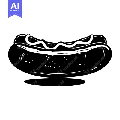 Aset desain premium: Black and White Silhouette of a Hot Dog with Mustard