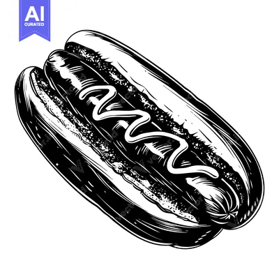 Aset desain premium: Black and White Illustration of a Hot Dog with Mustard