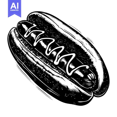 Aset desain premium: Black and White Illustration of a Hot Dog with Mustard Drizzle