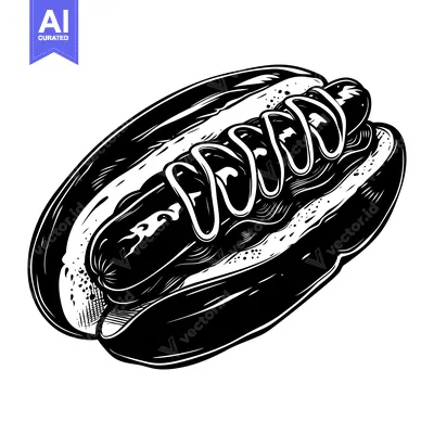 Black and White Illustration of a Hot Dog with Mustard
