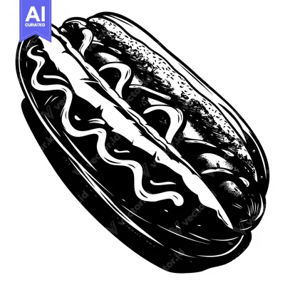 Aset premium populer: Black and White Illustration of a Hot Dog with Mustard and Relish