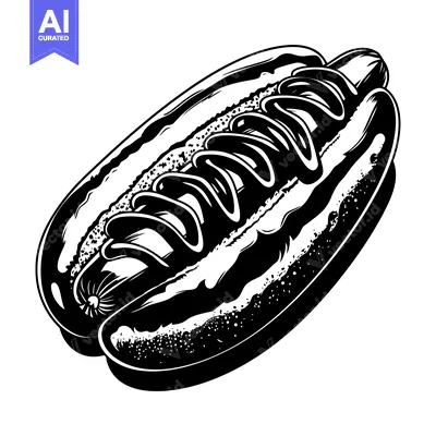 Black and White Illustration of a Hot Dog with Mustard