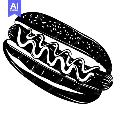 A Black and White Illustration of a Hot Dog with Mustard