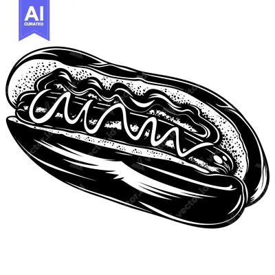 Black and White Illustration of a Hot Dog with Mustard and Ketchup