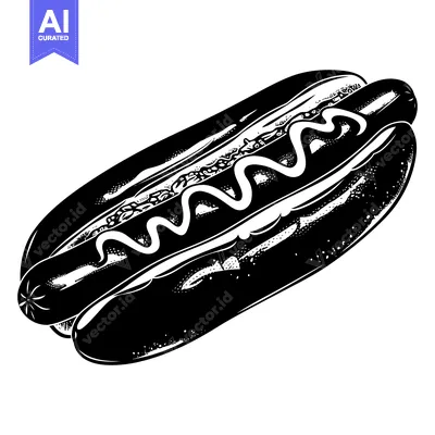 Black and White Illustration of a Hot Dog with Mustard