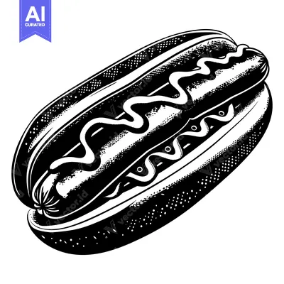 Aset desain premium: Black and White Illustration of a Hot Dog with Mustard
