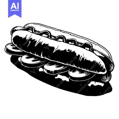 Popular premium asset: Black and White Illustration of a Hot Dog with Mustard and Relish