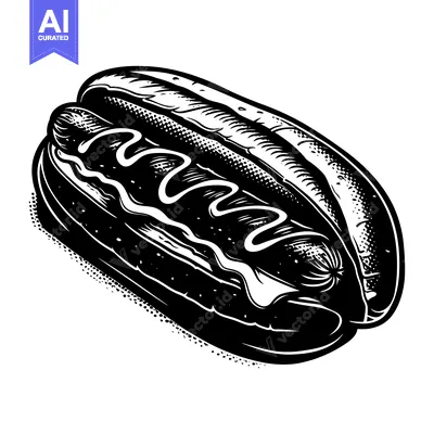 Black and White Illustration of a Hot Dog with Mustard and Ketchup