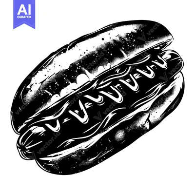 Aset desain premium: Black and White Illustration of a Hot Dog with Mustard