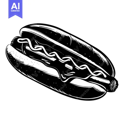 Black and White Illustration of a Hot Dog with Mustard and Ketchup