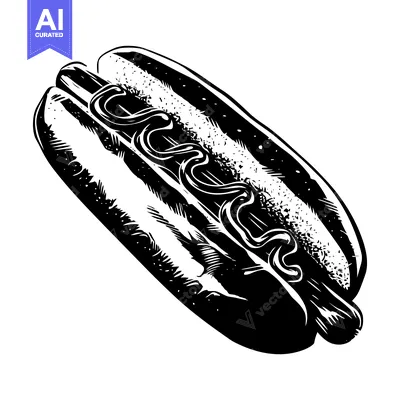 Premium design asset: A Black and White Illustration of a Hot Dog with Mustard