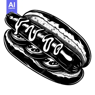 Aset premium populer: Black and White Illustration of a Hot Dog with Mustard and Toppings