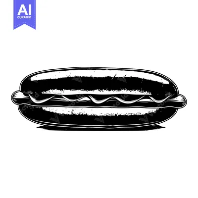 Black and White Illustration of a Hot Dog with Mustard and Ketchup