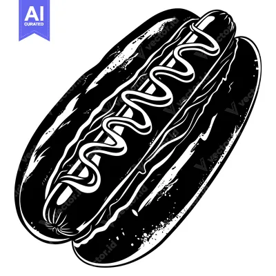 Black and White Illustration of a Hot Dog with Mustard