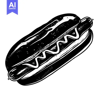 Aset desain premium: Black and White Illustration of a Hot Dog with Mustard