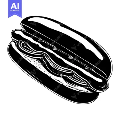 Black and White Illustration of a Hot Dog with Toppings