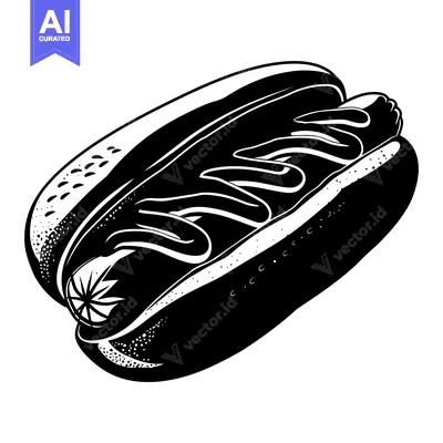 Black and White Illustration of a Hot Dog with Mustard