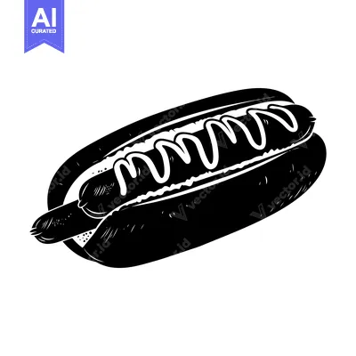 Black and White Illustration of a Hot Dog with Mustard