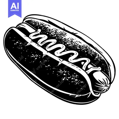 Aset desain premium: Black and White Illustration of a Hot Dog with Mustard
