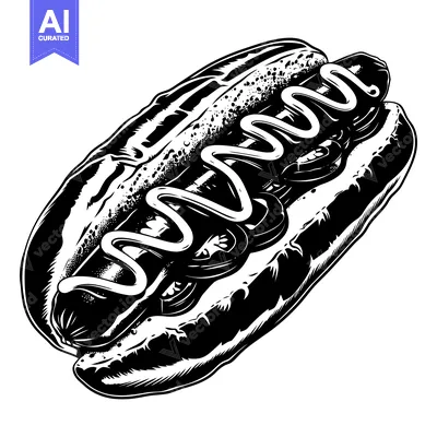 Black and White Illustration of a Hot Dog with Mustard and Toppings