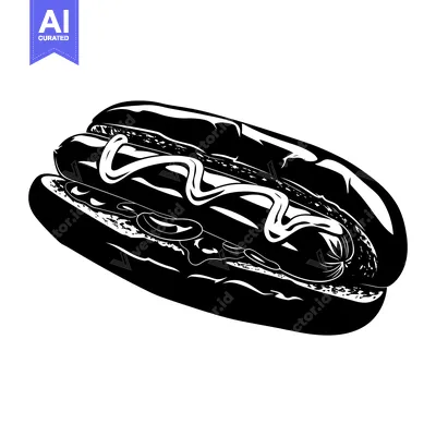 Black and White Illustration of a Hot Dog with Mustard