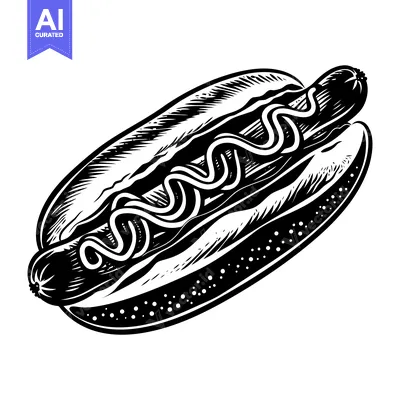 Black and White Illustration of a Hot Dog with Mustard