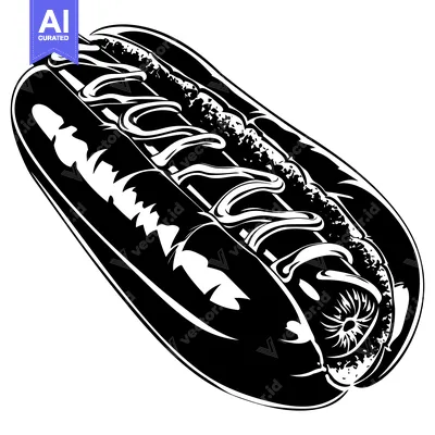 Premium design asset: A Detailed Black and White Illustration of a Hot Dog with Mustard