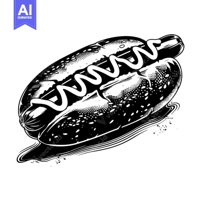 Aset desain premium: Black and White Illustration of a Hot Dog with Mustard
