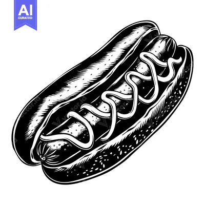Black and White Illustration of a Hot Dog with Mustard and Relish