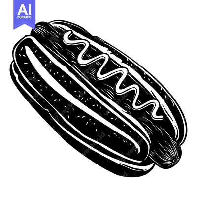 Aset premium populer: A Black and White Illustration of a Hot Dog with Mustard
