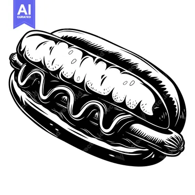 Aset desain premium: Black and White Illustration of a Hot Dog with Mustard and Relish