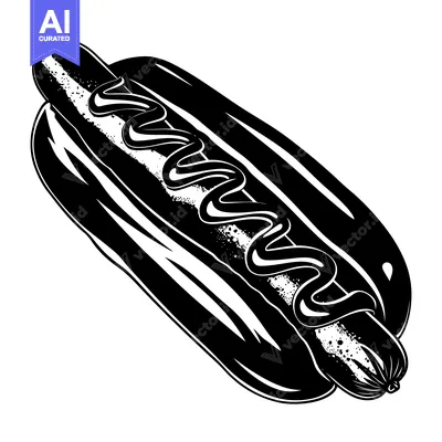 Black and White Illustration of a Hot Dog with Mustard